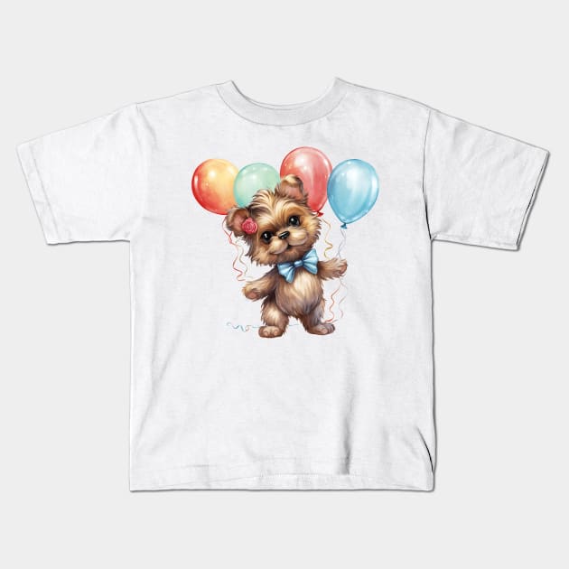 Yorkshire Terrier Dog Holding Balloons Kids T-Shirt by Chromatic Fusion Studio